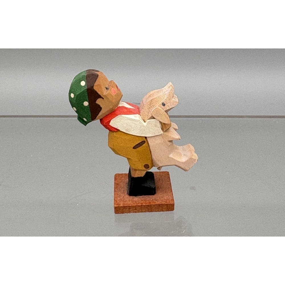 Erzgebirge Emil Helbig Carved Wood Boy With Pig Figurine 1.75" Vintage 1980's